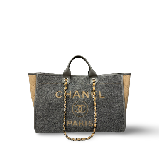 Chanel Wool Felt Large Deauville Tote - GHW / Grey and Beige