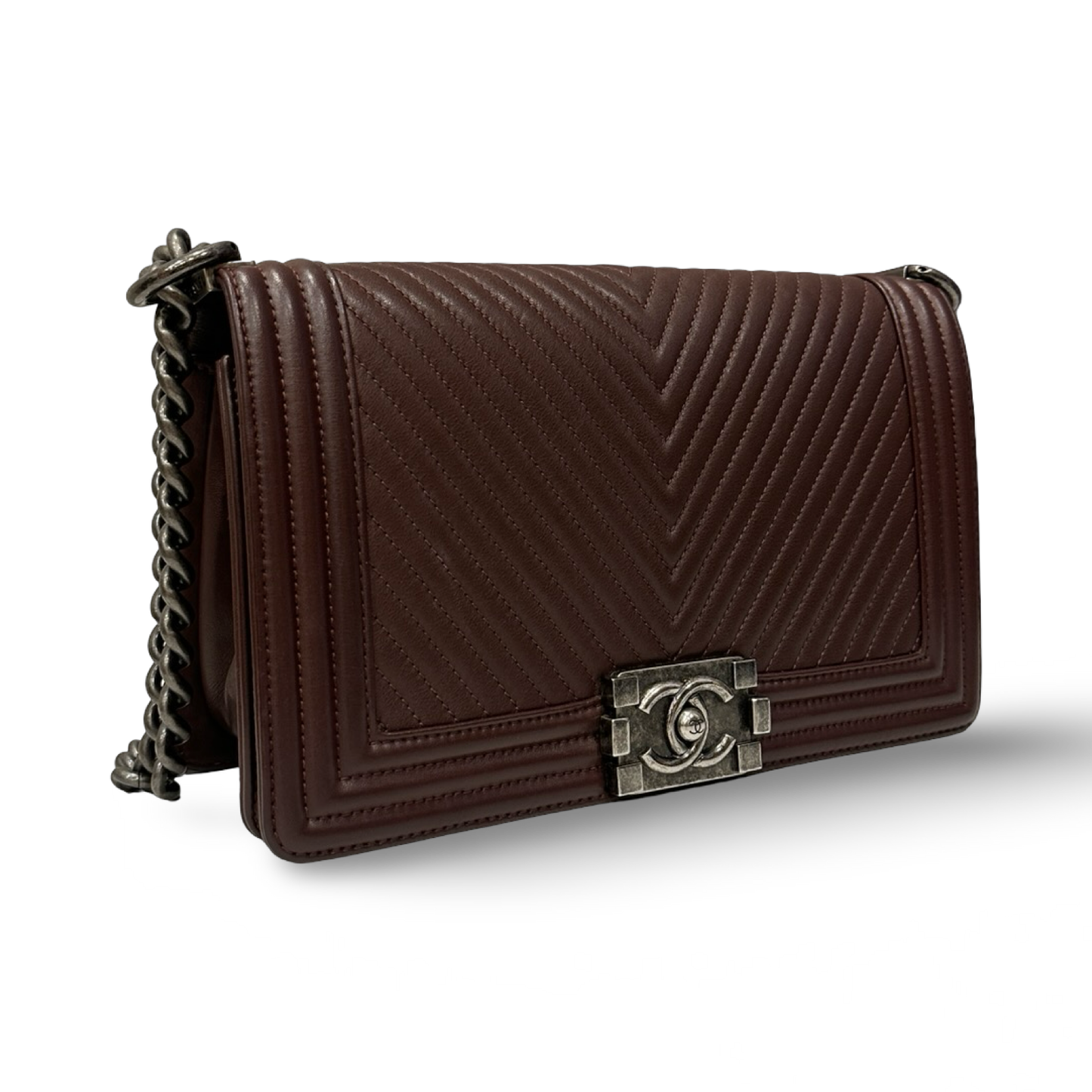 Chanel Chevron Calfskin New Medium Boy Bag - Aged SHW / Burgundy