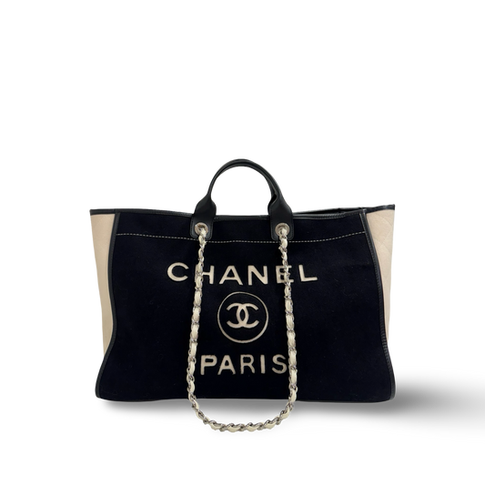 Chaen Wool Felt Large Deauville Tote - GHW / Black and White