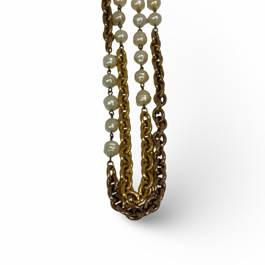 Chanel Vintage Chain Link Faux Pearl Long Necklace