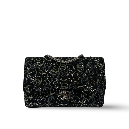 Chanel Tweed and Strass Crystal Jumbo Paris-Shanghai Pudong Single Flap - GHW / Black