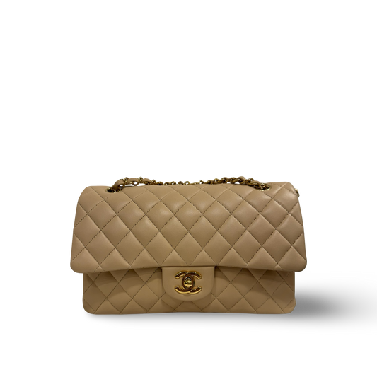 Chanel Quilted Lambskin Medium Double Flap - GHW / Dark Beige