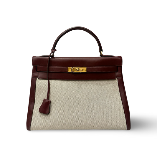 Hermes Vintage Kelly 32 Toile - GHW / Dark Red