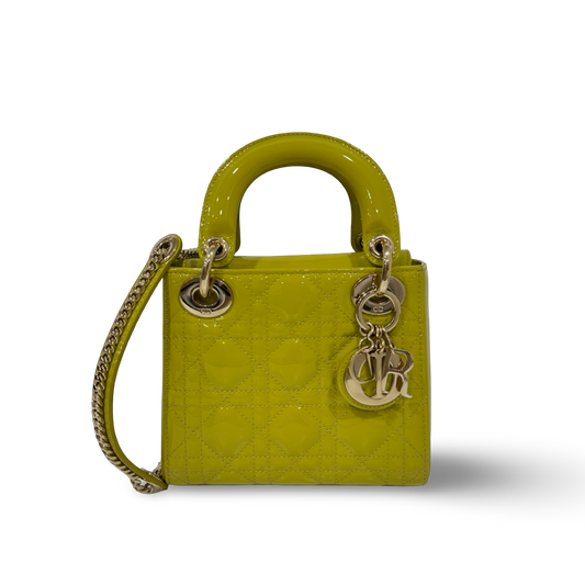 Dior Cannage Patent Mini Lady Bag - GHW / Lime Yellow