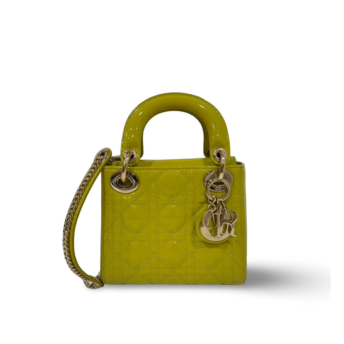 Dior Cannage Patent Mini Lady Bag - GHW / Lime Yellow