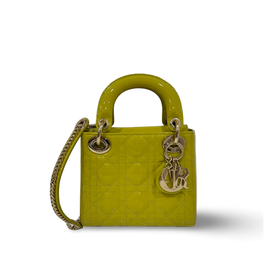 Dior Cannage Patent Mini Lady Bag - GHW / Lime Yellow