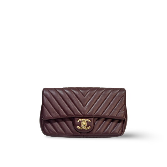 Chanel Chevron Small Single Flap Gold Burgundy