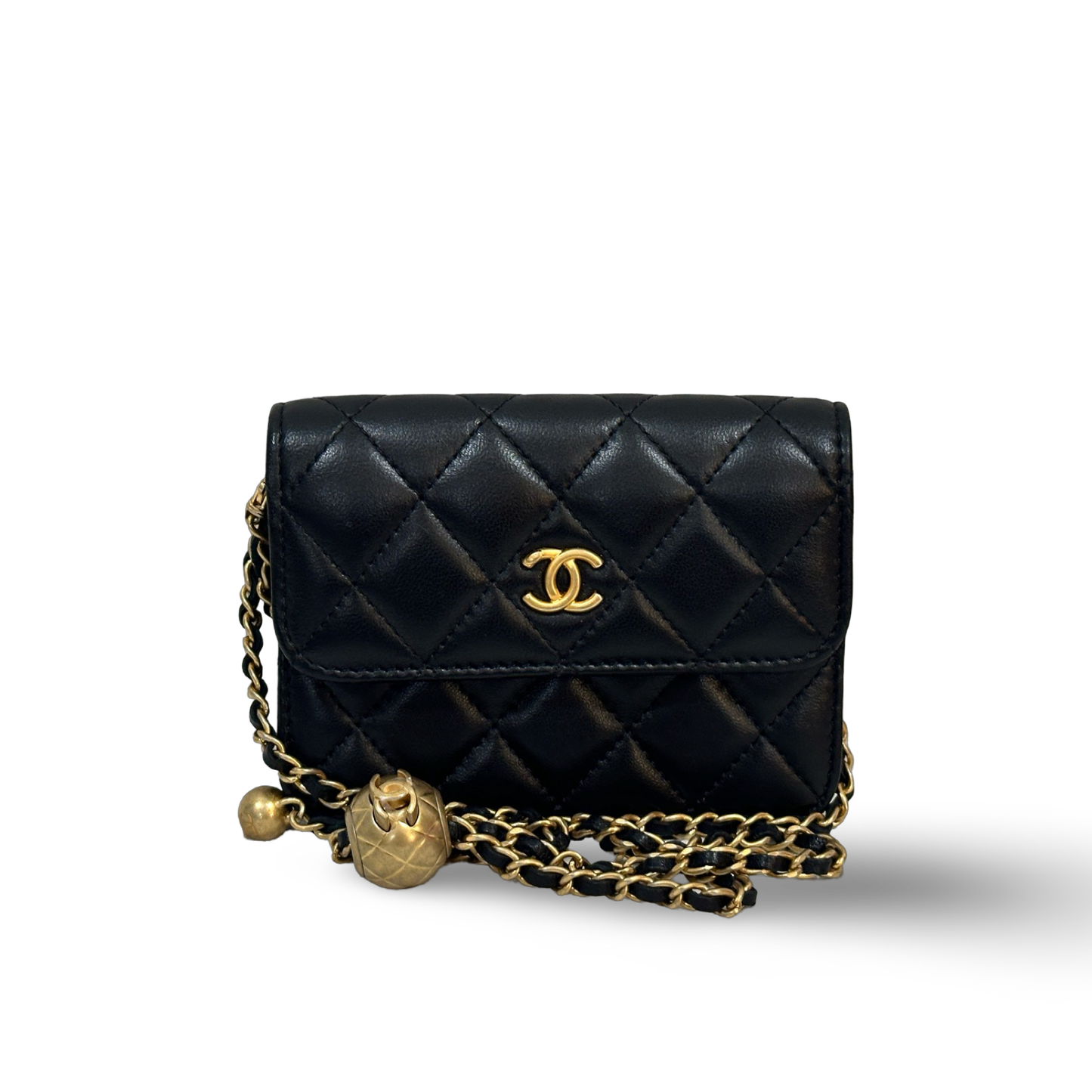 Chanel Classic Lambskin Belt Bag Wit Gold Balls Gold Black