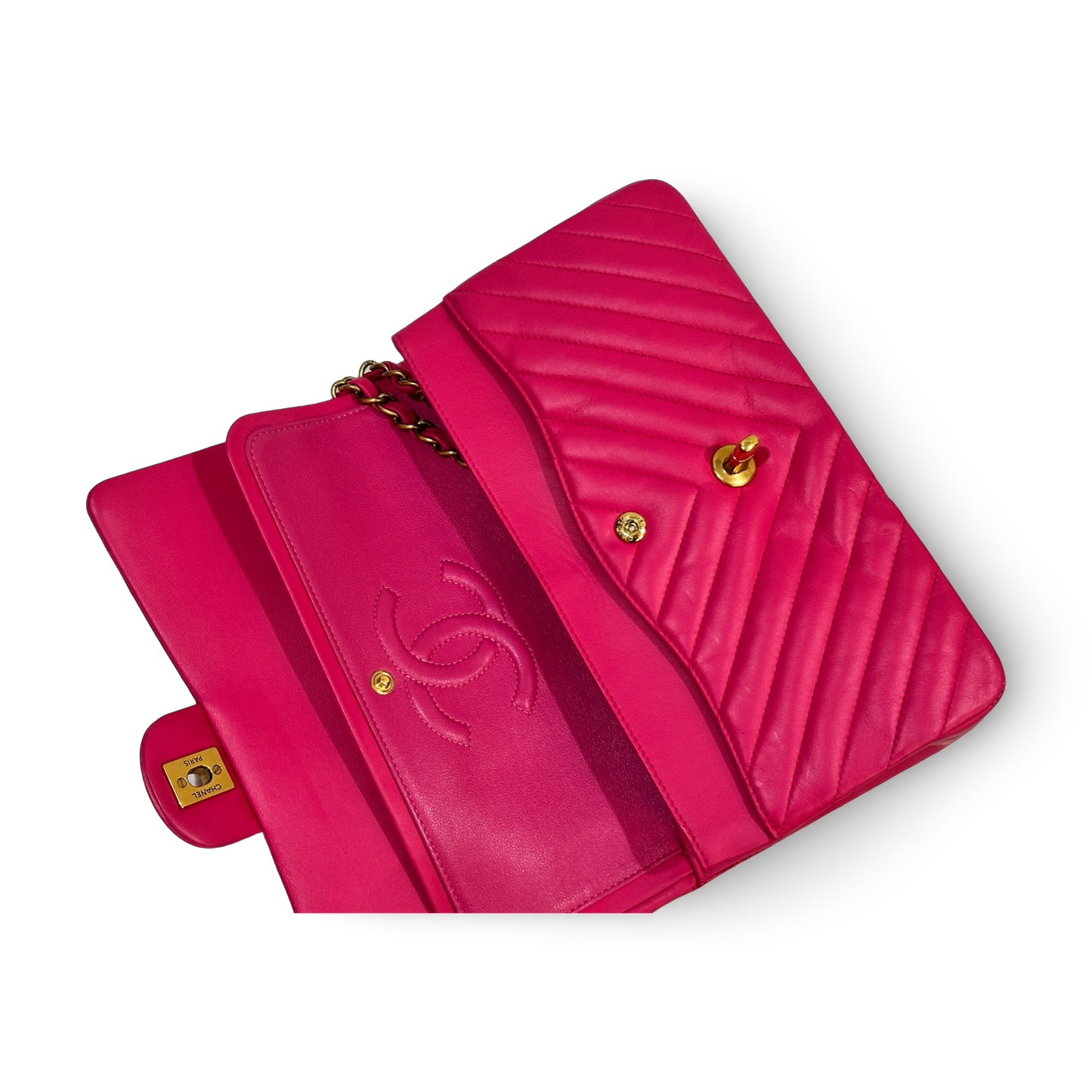 Chanel Chevron Medium Double Flap Gold -GHW / Pink