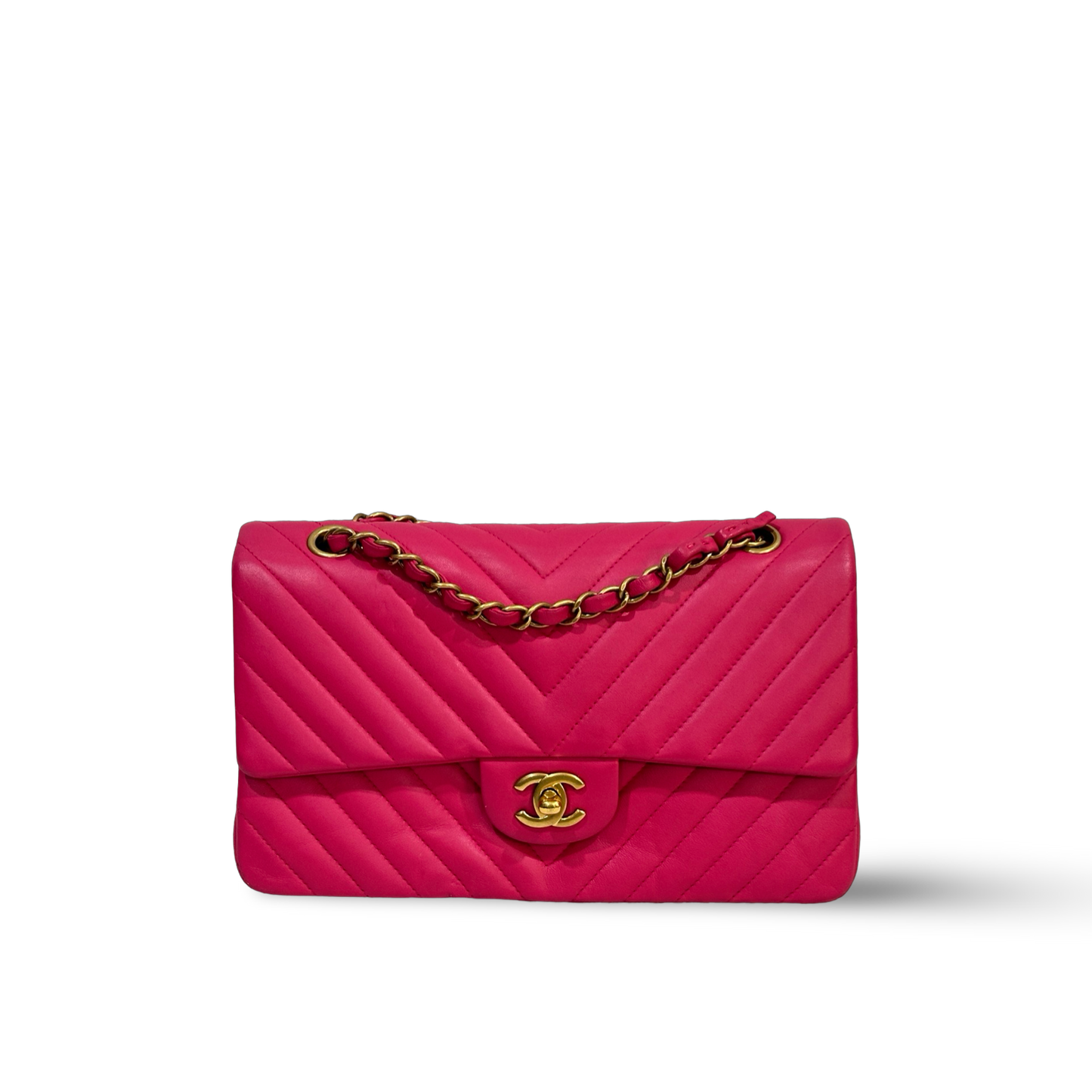 Chanel Chevron Medium Double Flap Gold -GHW / Pink