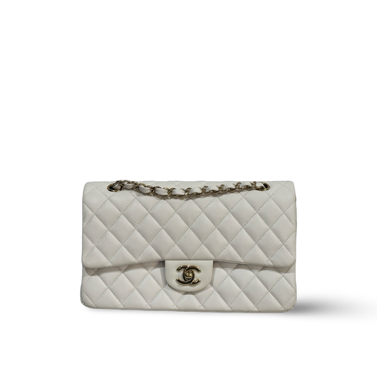 Chanel Classic Caviar Medium Double Flap Gold White