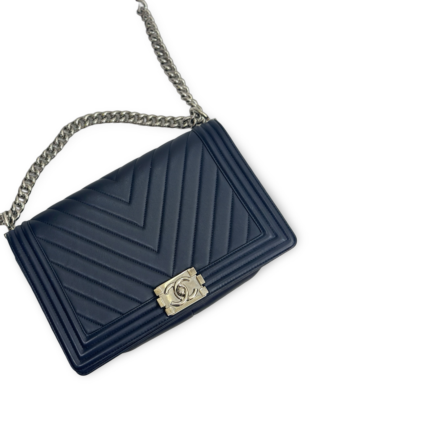 Chanel Chevron New Medium boy Bag - Sliver Navy