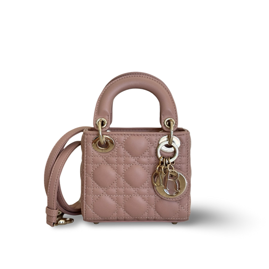 Dior Cannage Lambskin Micro Lady Bag - GHW / Nude