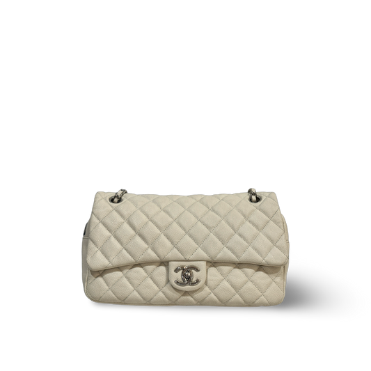 Chanel Classic Caviar Easy-Go Jumbo Zip Flap - SHW / White