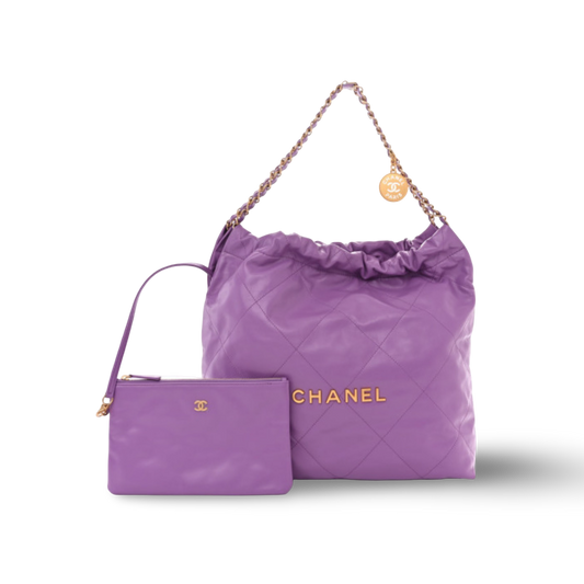 Chanel Quilte Shinny Lambskin Medium 22Bag - GHW / Purple