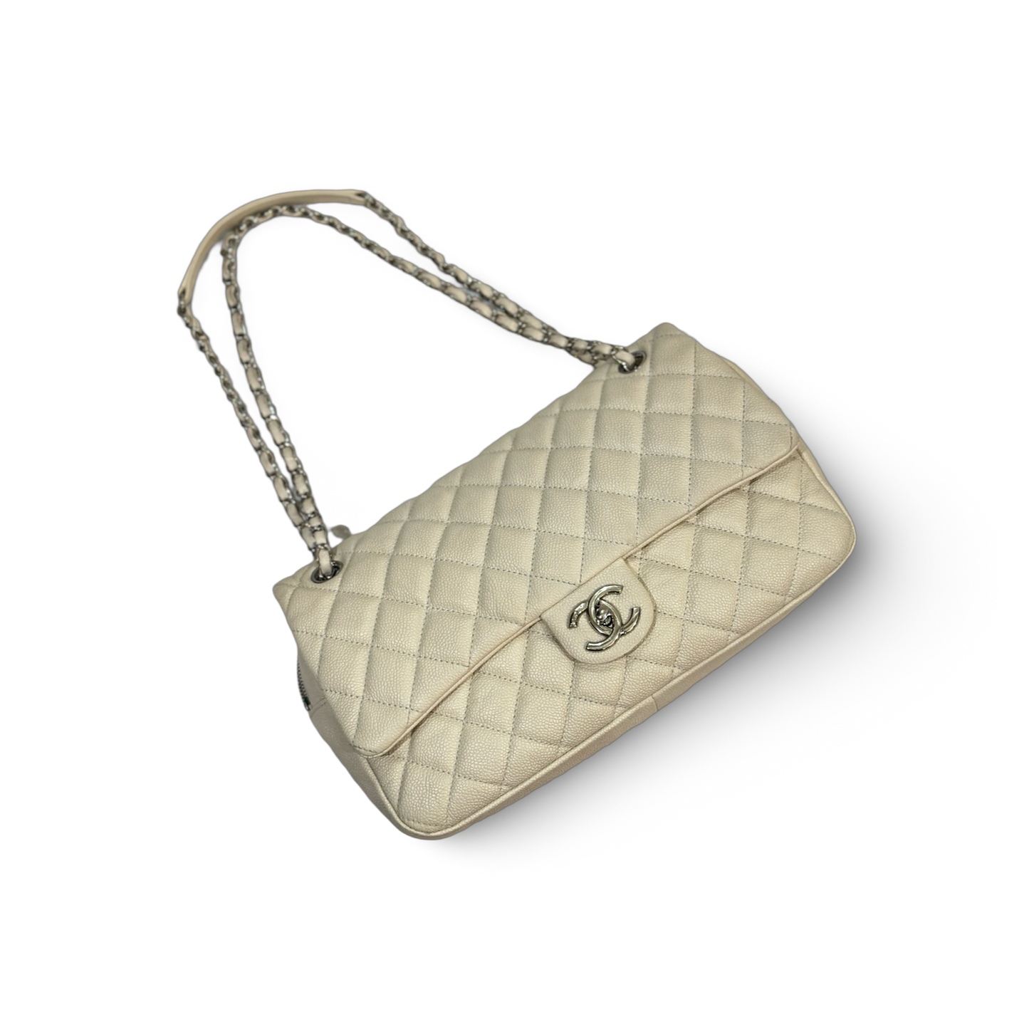 Chanel Classic Caviar Easy-Go Jumbo Zip Flap - SHW / White