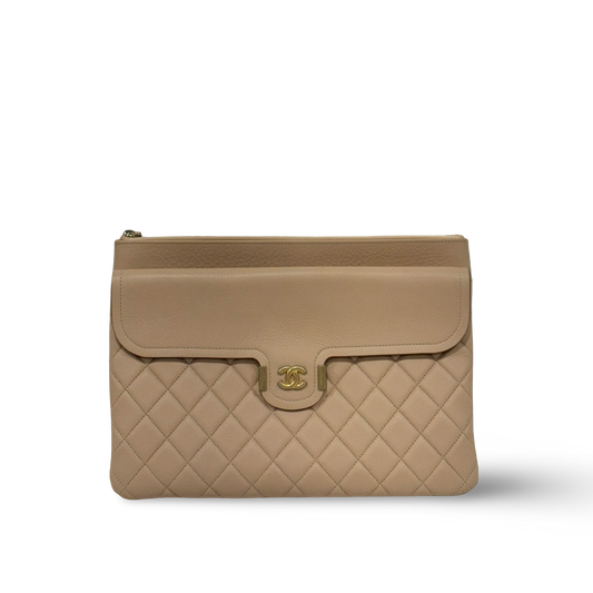 Chanel Quilted Calfskin Large Archi Chic Cosmetic Case - GHW / Beige