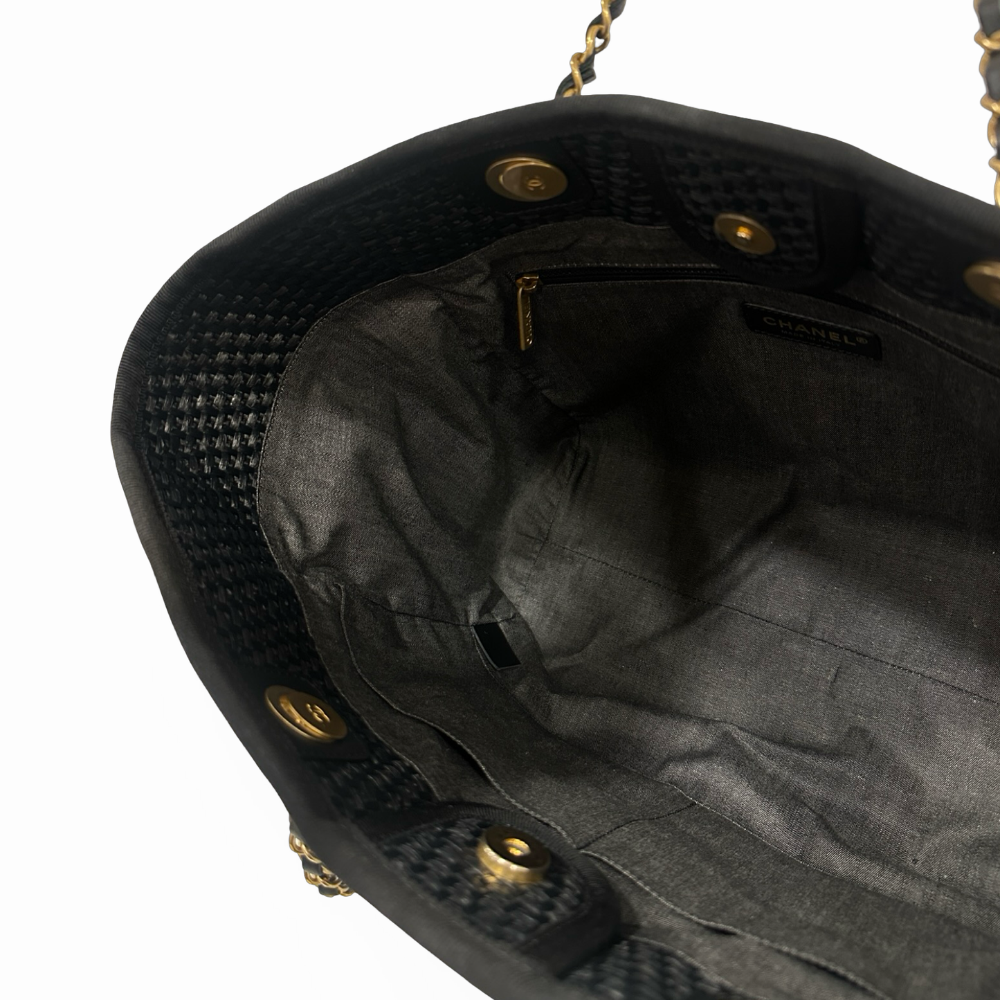 Chanel Straw Raffia Calfskin Chain Small Deauville Tote - GHW / Black