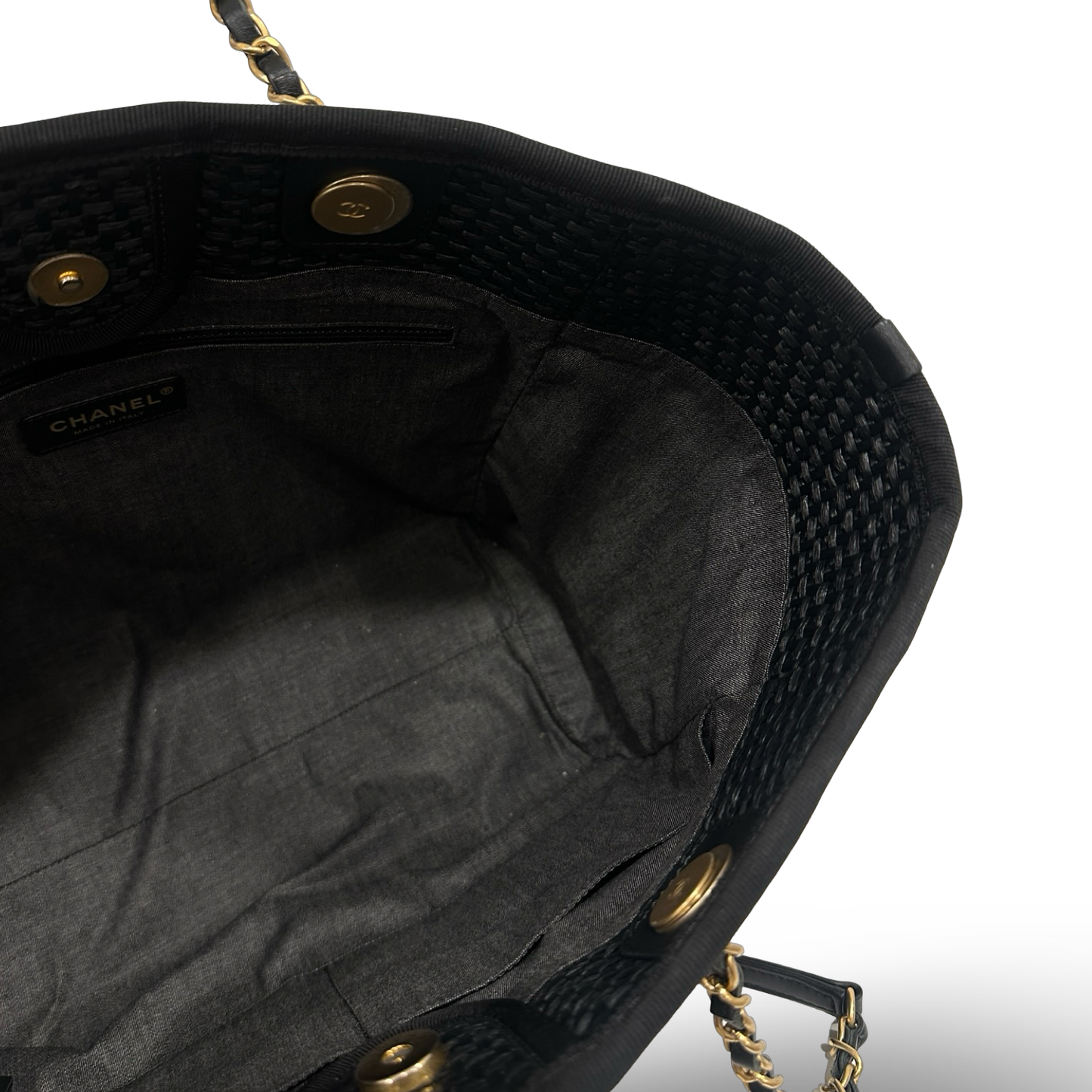 Chanel Straw Raffia Calfskin Chain Small Deauville Tote - GHW / Black
