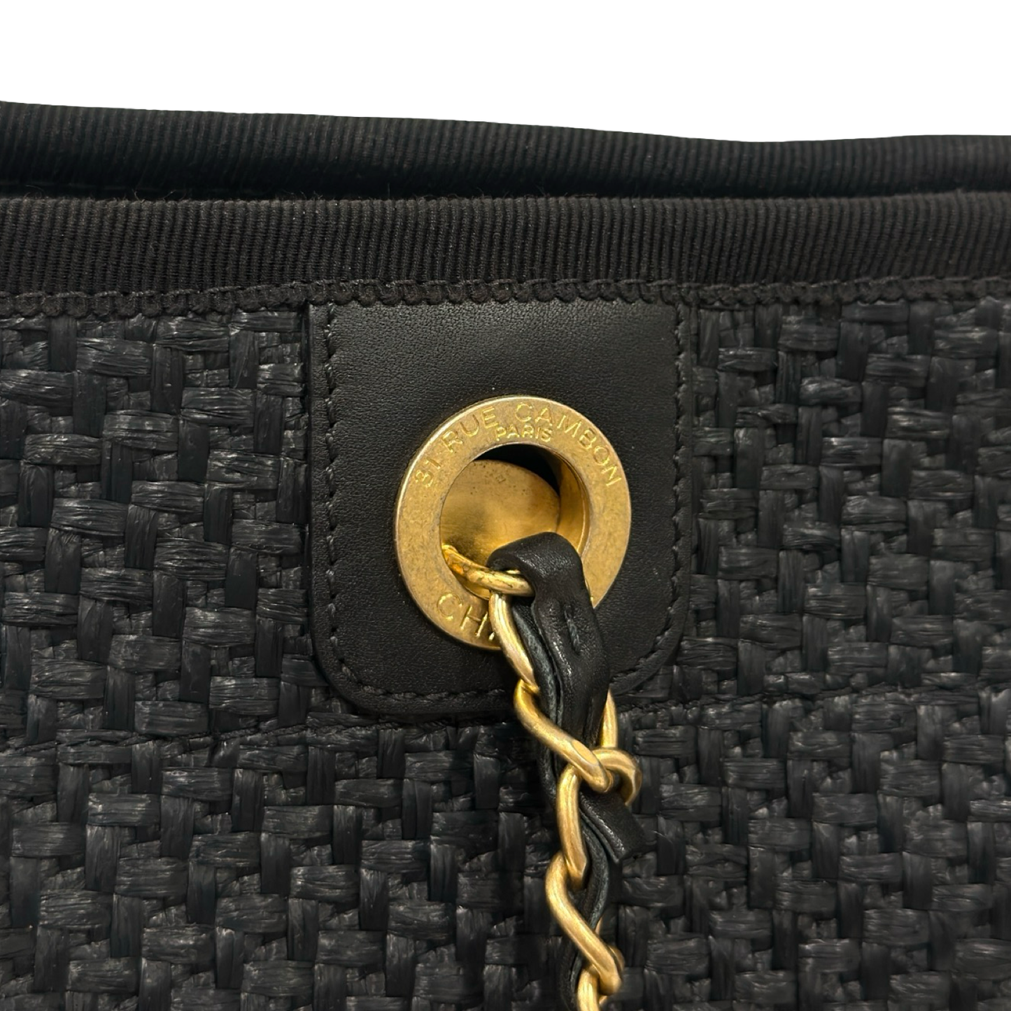 Chanel Straw Raffia Calfskin Chain Small Deauville Tote - GHW / Black