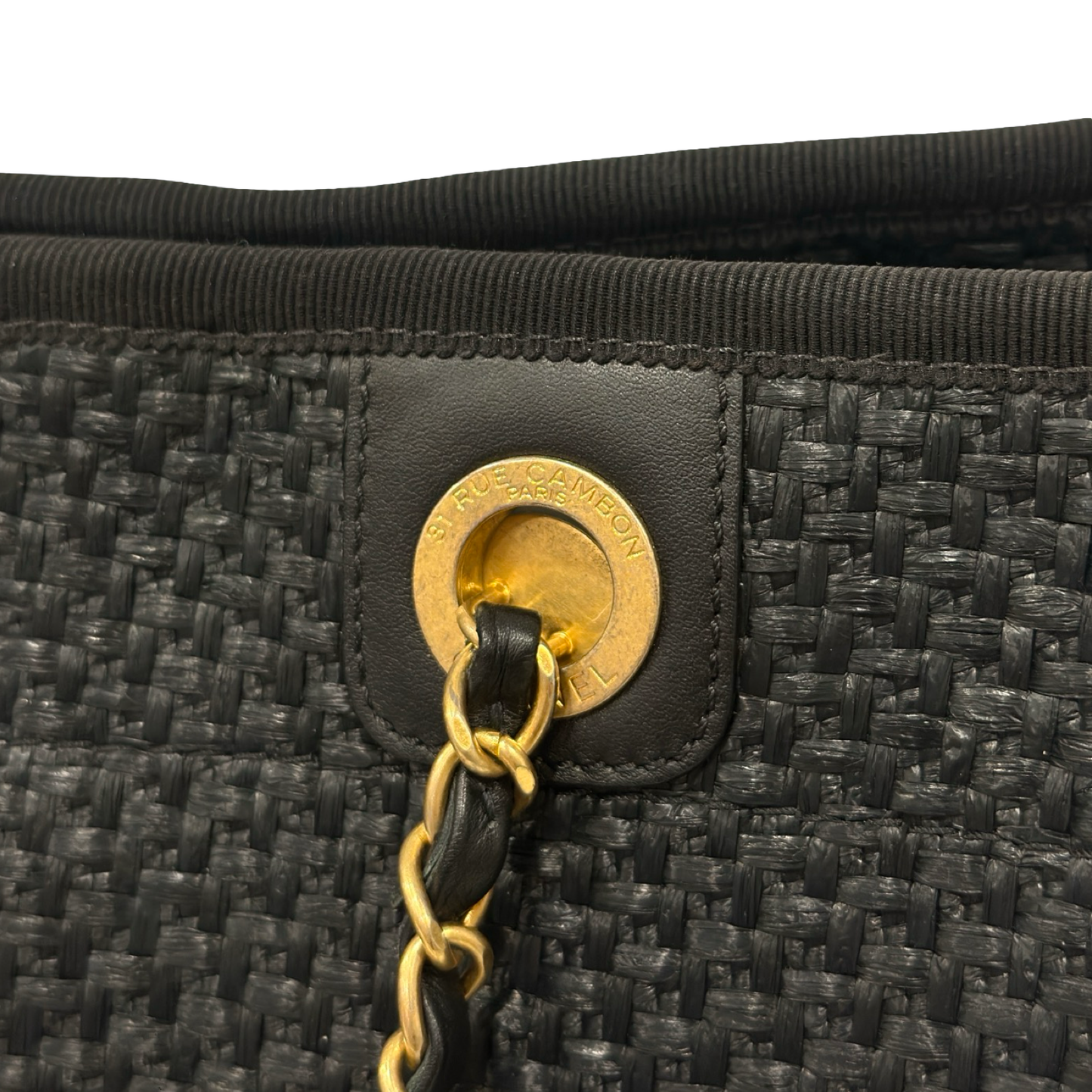 Chanel Straw Raffia Calfskin Chain Small Deauville Tote - GHW / Black