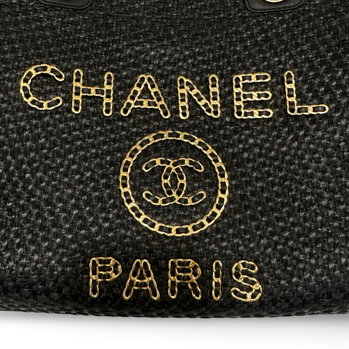 Chanel Straw Raffia Calfskin Chain Small Deauville Tote - GHW / Black