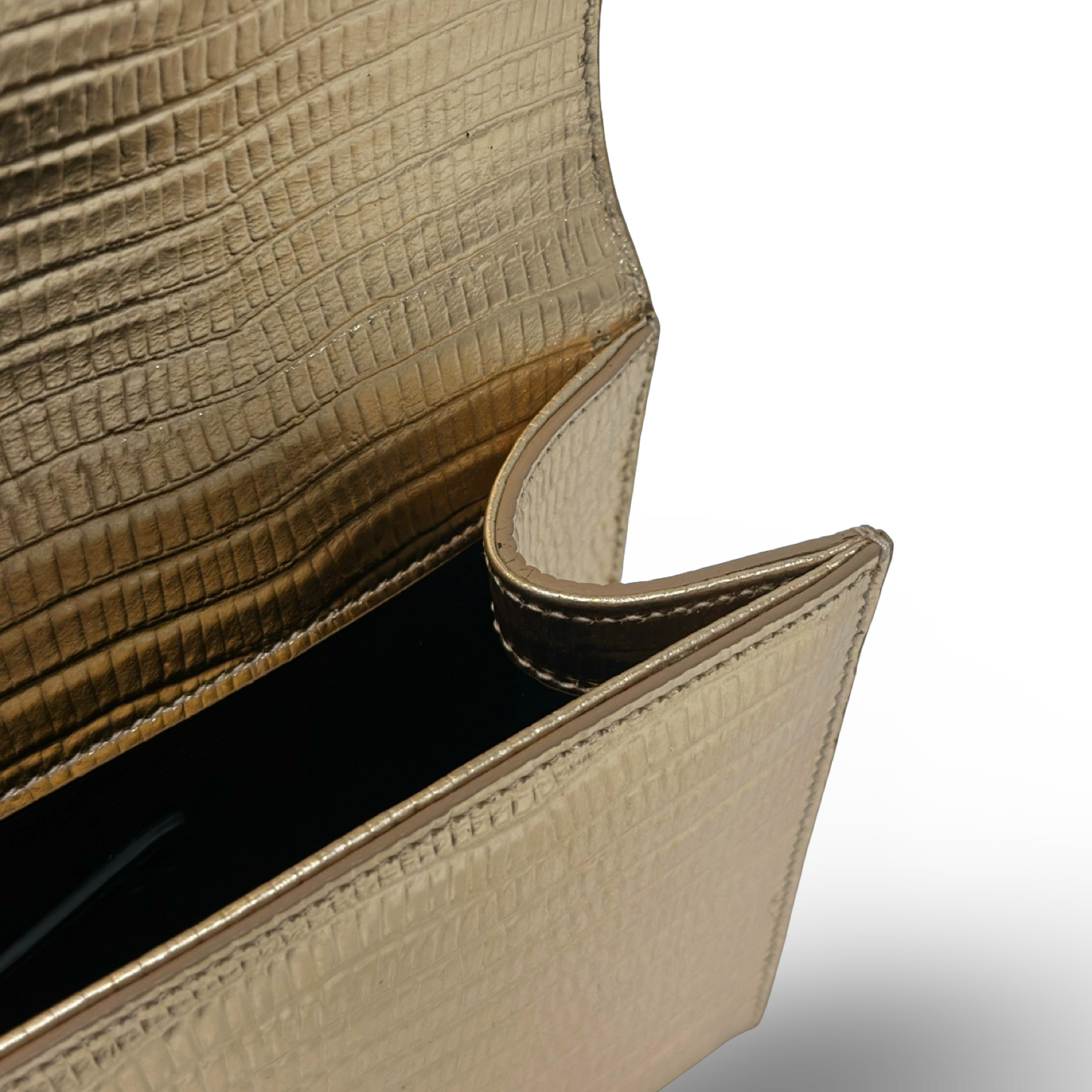 Saint Laurent Metallic Lizard Embossed Monogram Kate Tassel Clutch - GHW / Gold
