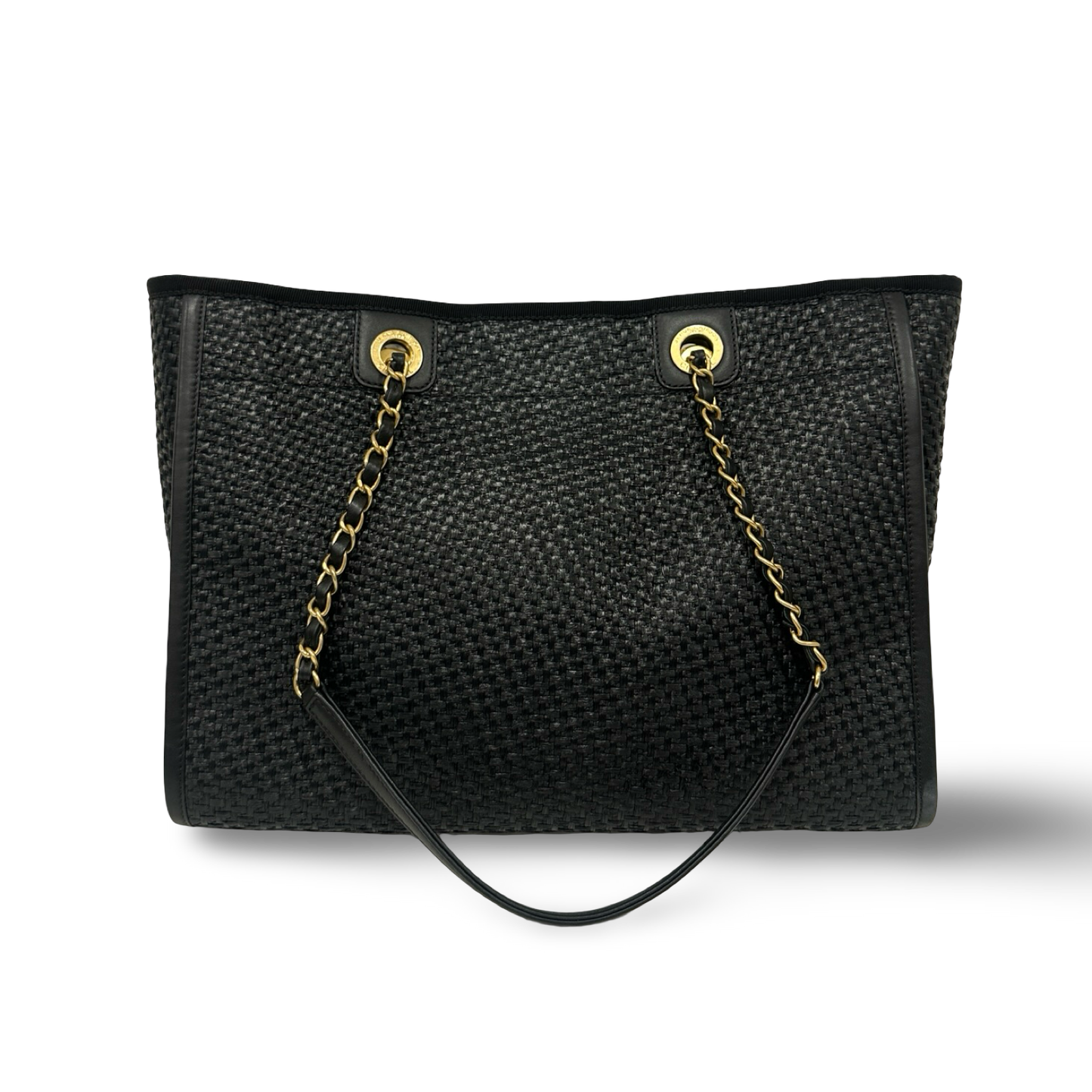 Chanel Straw Raffia Calfskin Chain Small Deauville Tote - GHW / Black