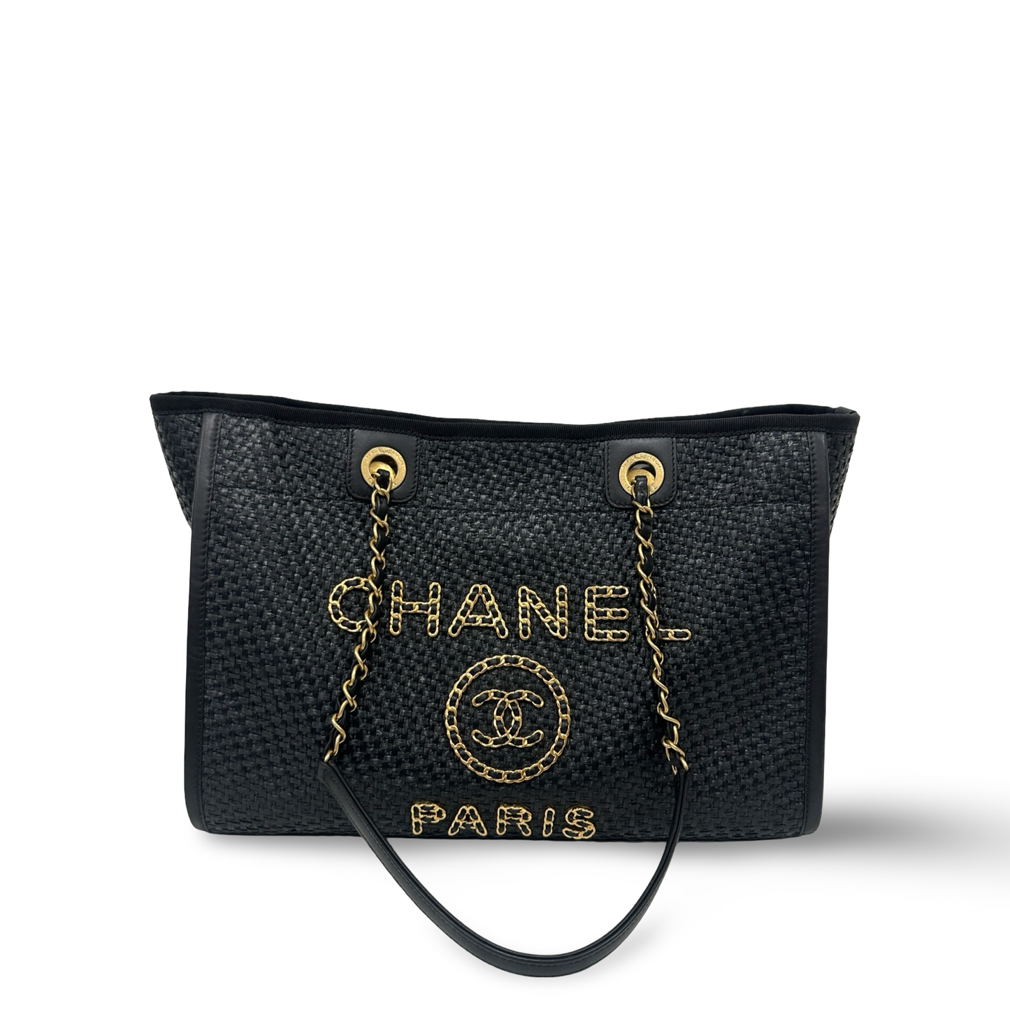 Chanel Straw Raffia Calfskin Chain Small Deauville Tote - GHW / Black
