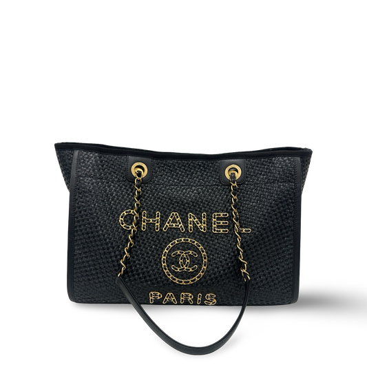 Chanel Straw Raffia Calfskin Chain Small Deauville Tote - GHW / Black