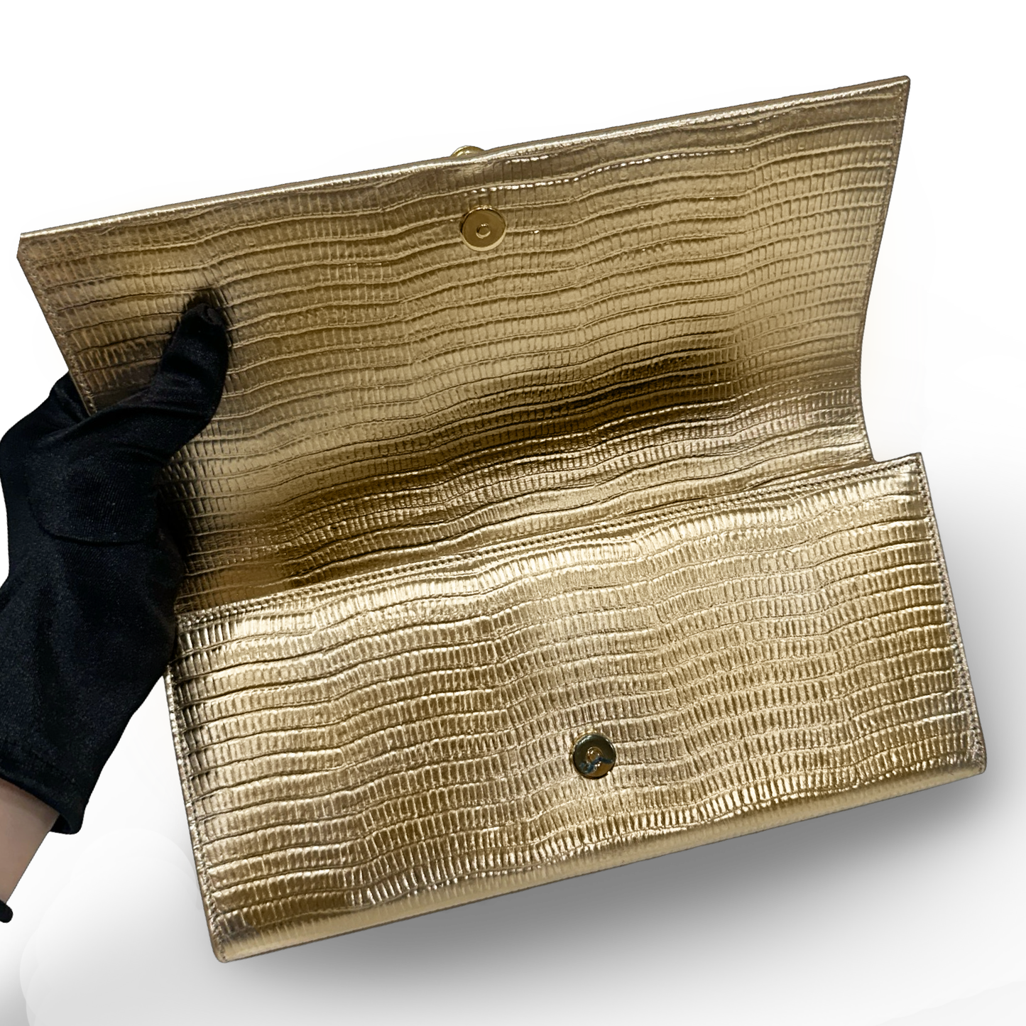 Saint Laurent Metallic Lizard Embossed Monogram Kate Tassel Clutch - GHW / Gold