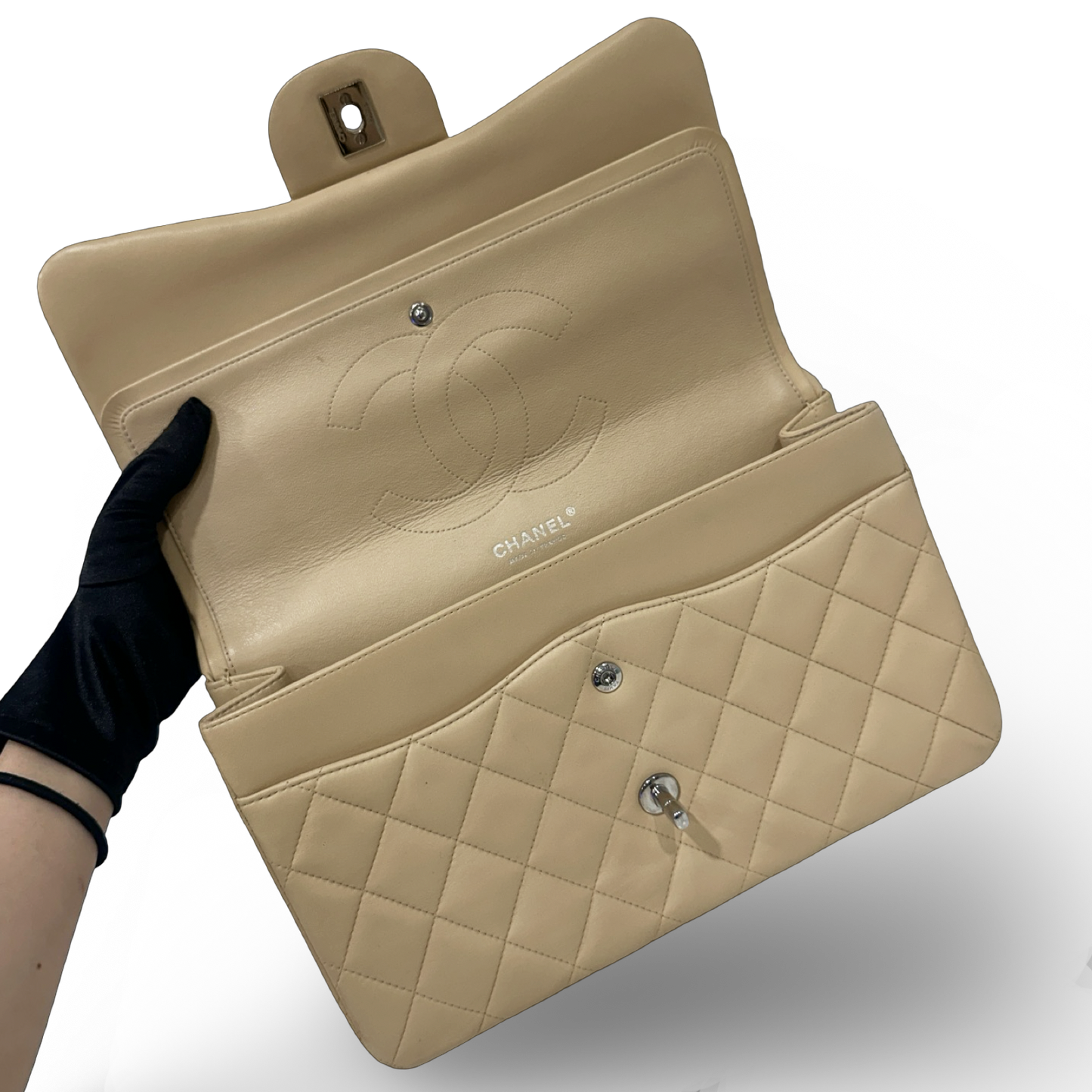 Chanel Quillied Lambskin Jumbo Double Flap - SHW / Beige