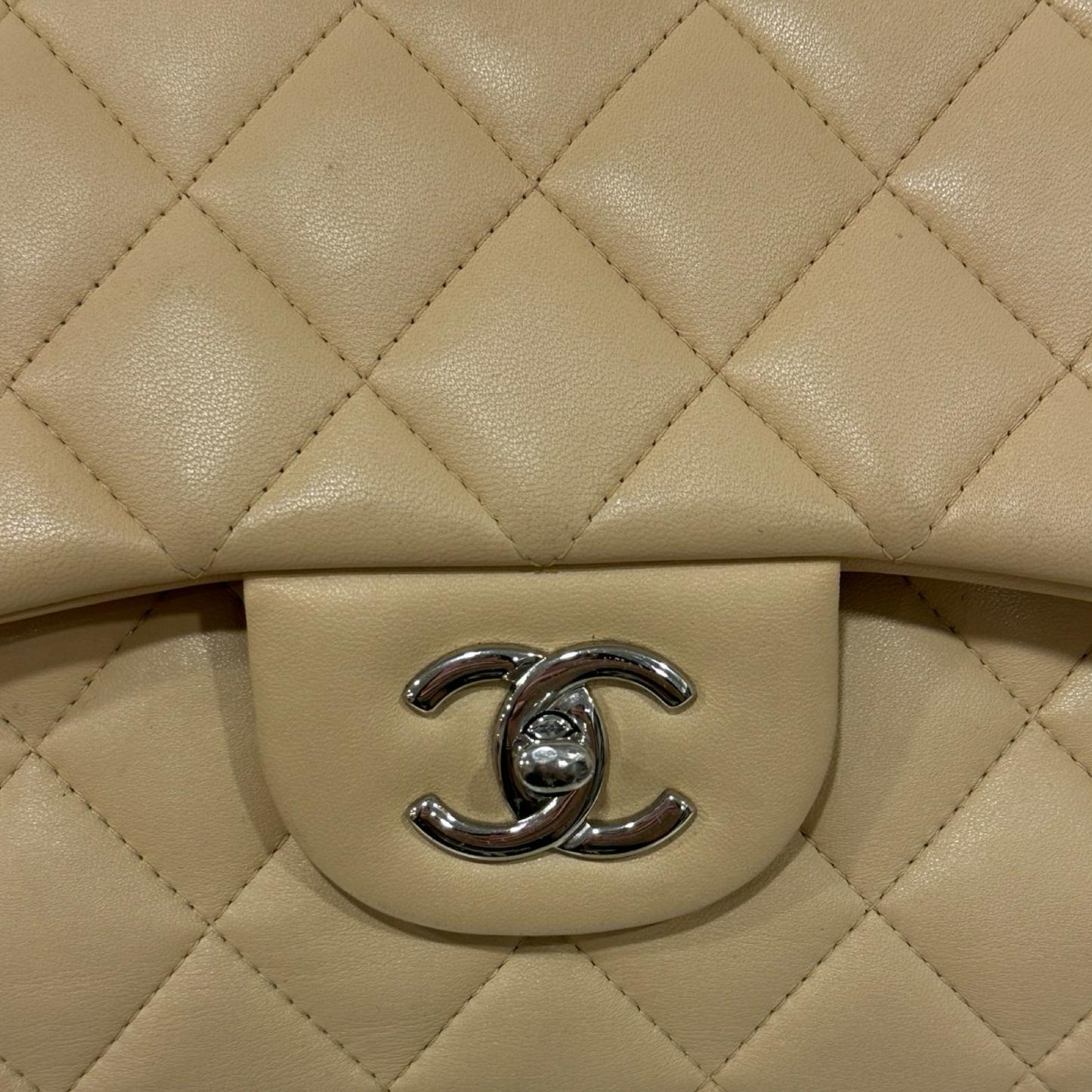 Chanel Quillied Lambskin Jumbo Double Flap - SHW / Beige