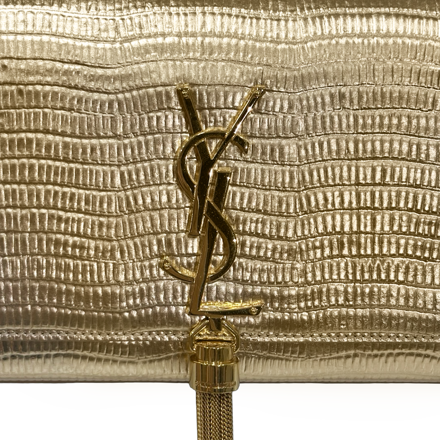 Saint Laurent Metallic Lizard Embossed Monogram Kate Tassel Clutch - GHW / Gold