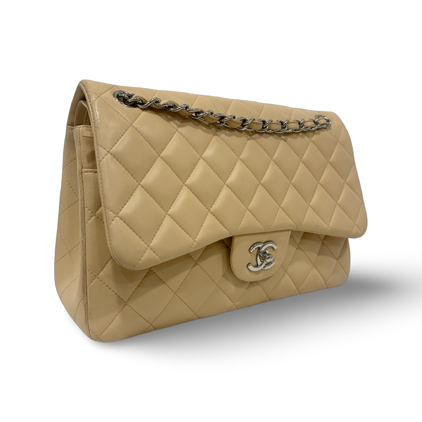 Chanel Quillied Lambskin Jumbo Double Flap - SHW / Beige