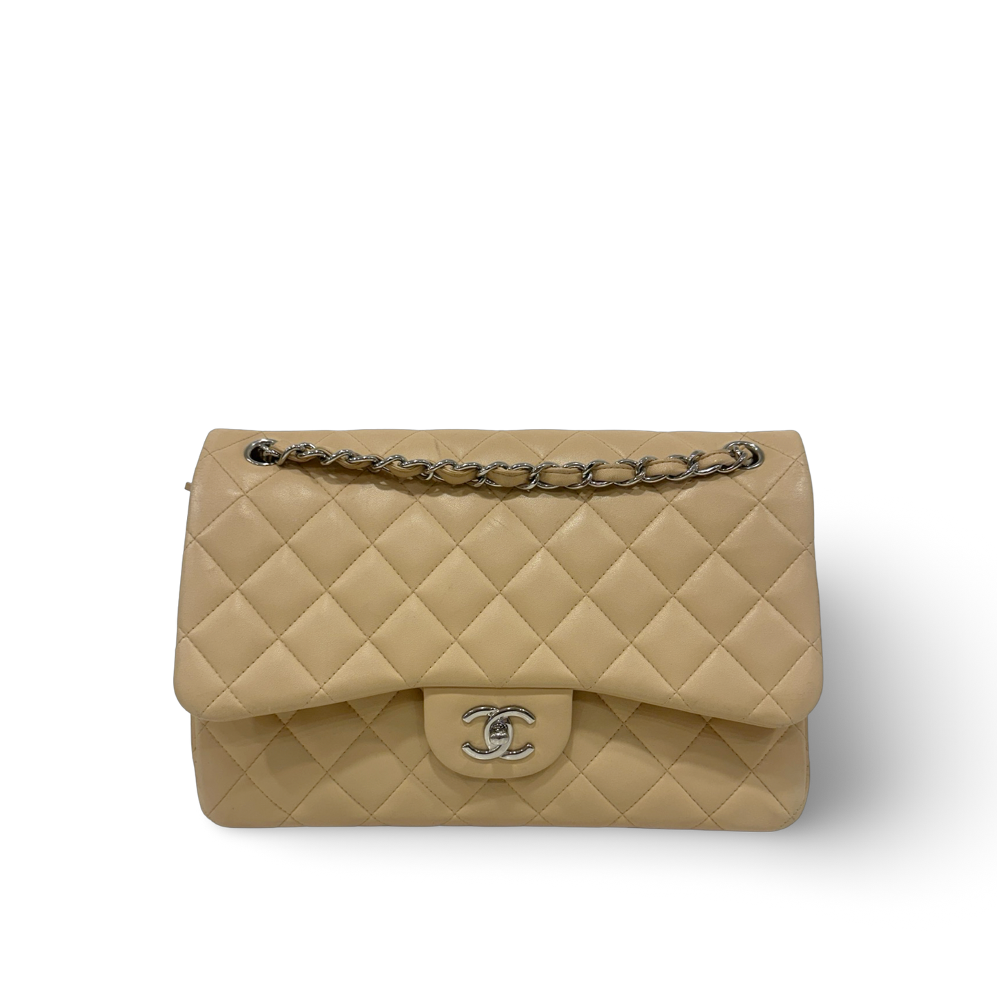 Chanel Quillied Lambskin Jumbo Double Flap - SHW / Beige
