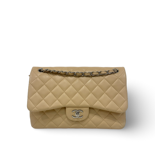 Chanel Quillied Lambskin Jumbo Double Flap - SHW / Beige