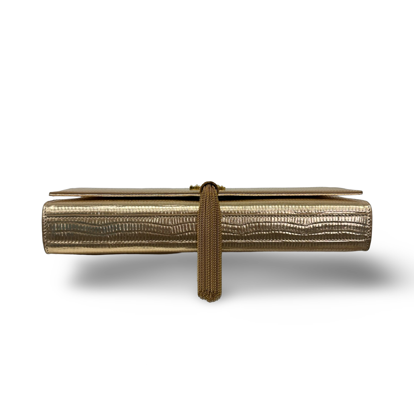 Saint Laurent Metallic Lizard Embossed Monogram Kate Tassel Clutch - GHW / Gold