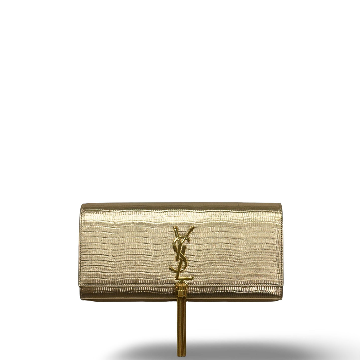 Saint Laurent Metallic Lizard Embossed Monogram Kate Tassel Clutch - GHW / Gold