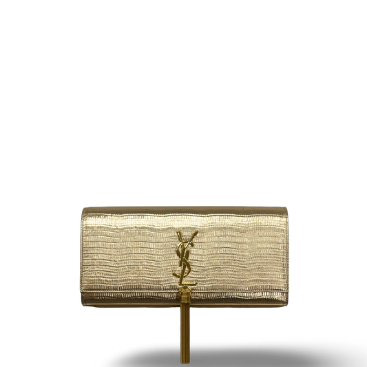 Saint Laurent Metallic Lizard Embossed Monogram Kate Tassel Clutch - GHW / Gold