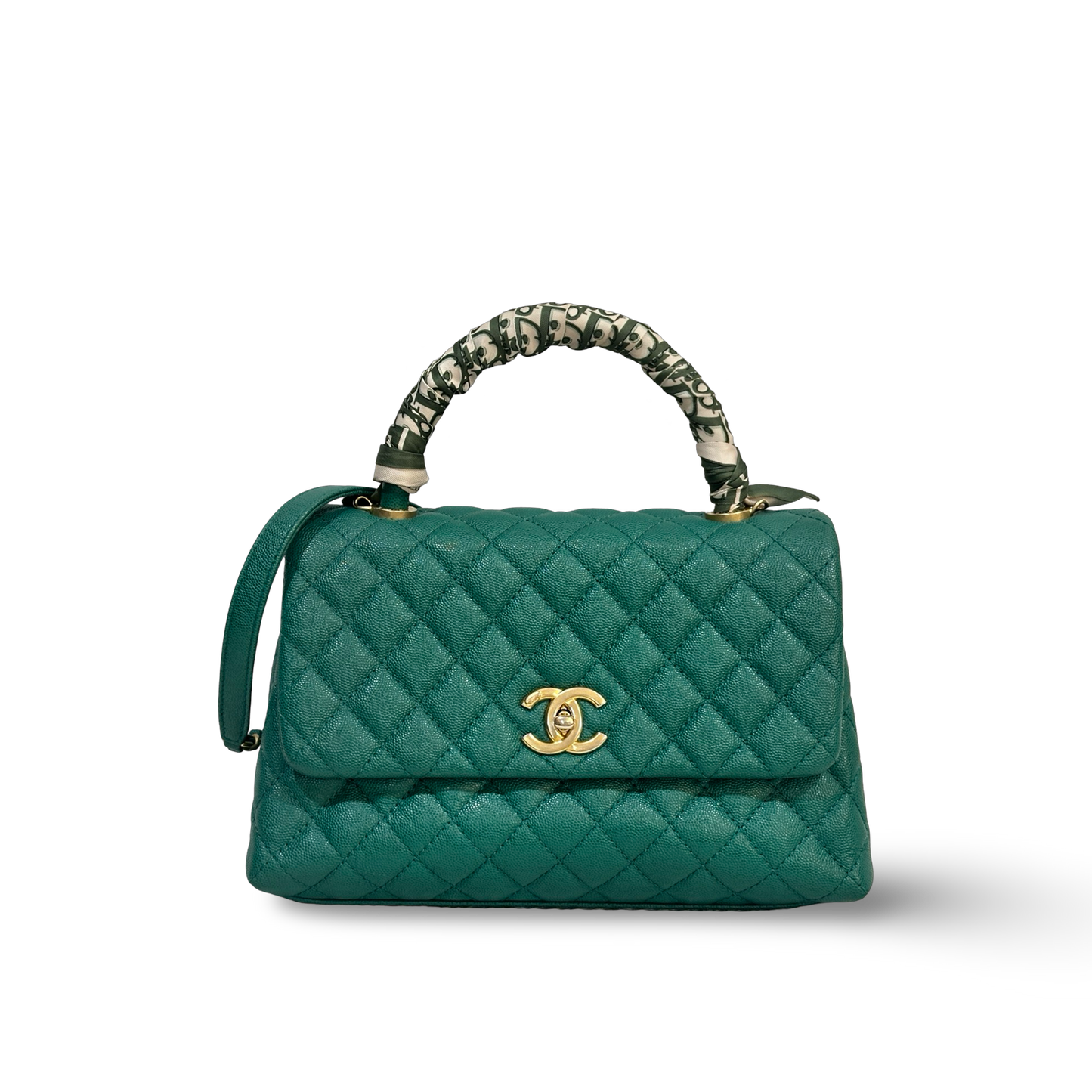 Chanel Classic Caviar Medium Coco Handle Flap Gold Green