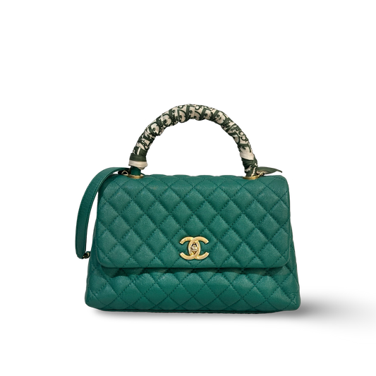 Chanel Classic Caviar Medium Coco Handle Flap Gold Green