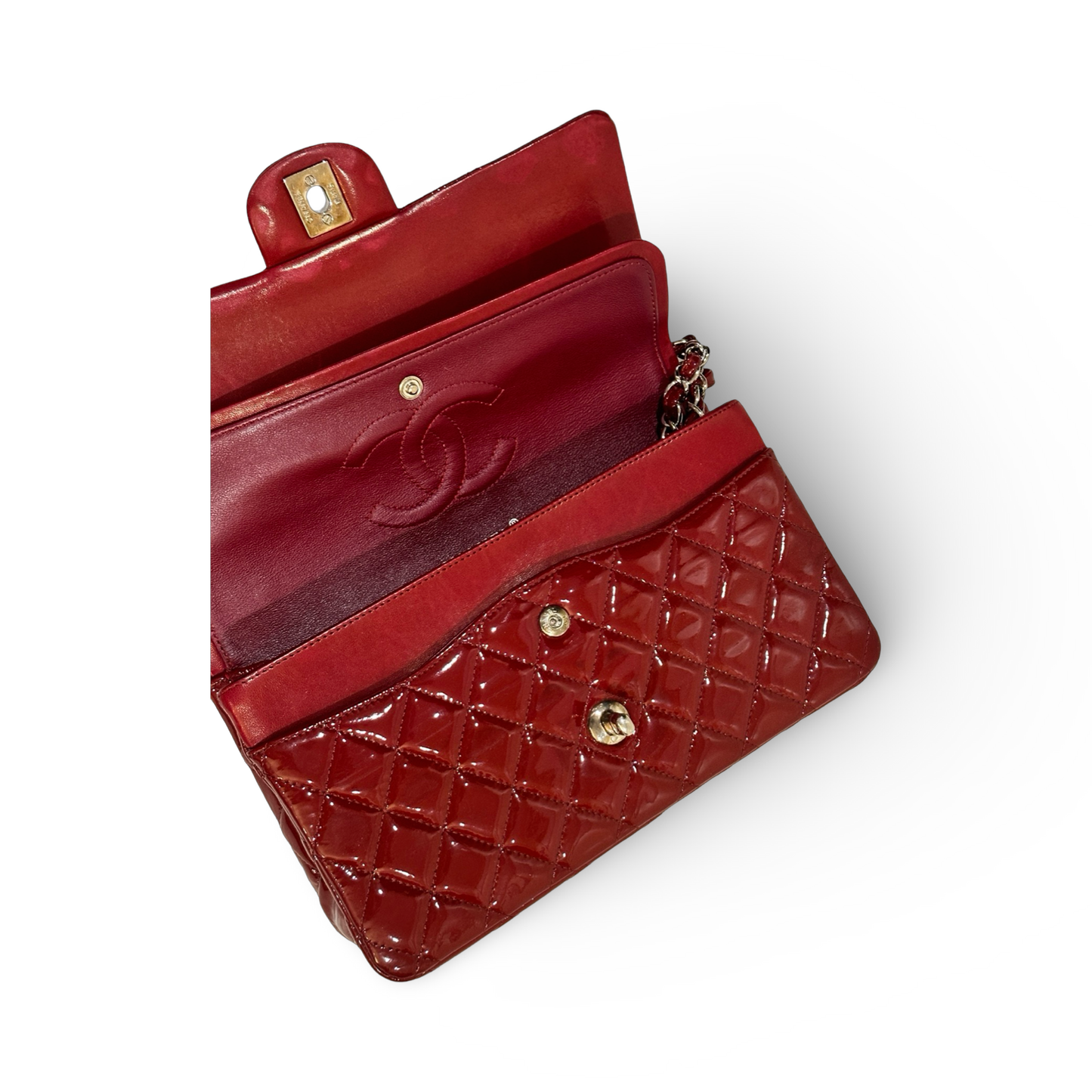 Chanel Classic Patent Medium Double Flap - SHW / Red