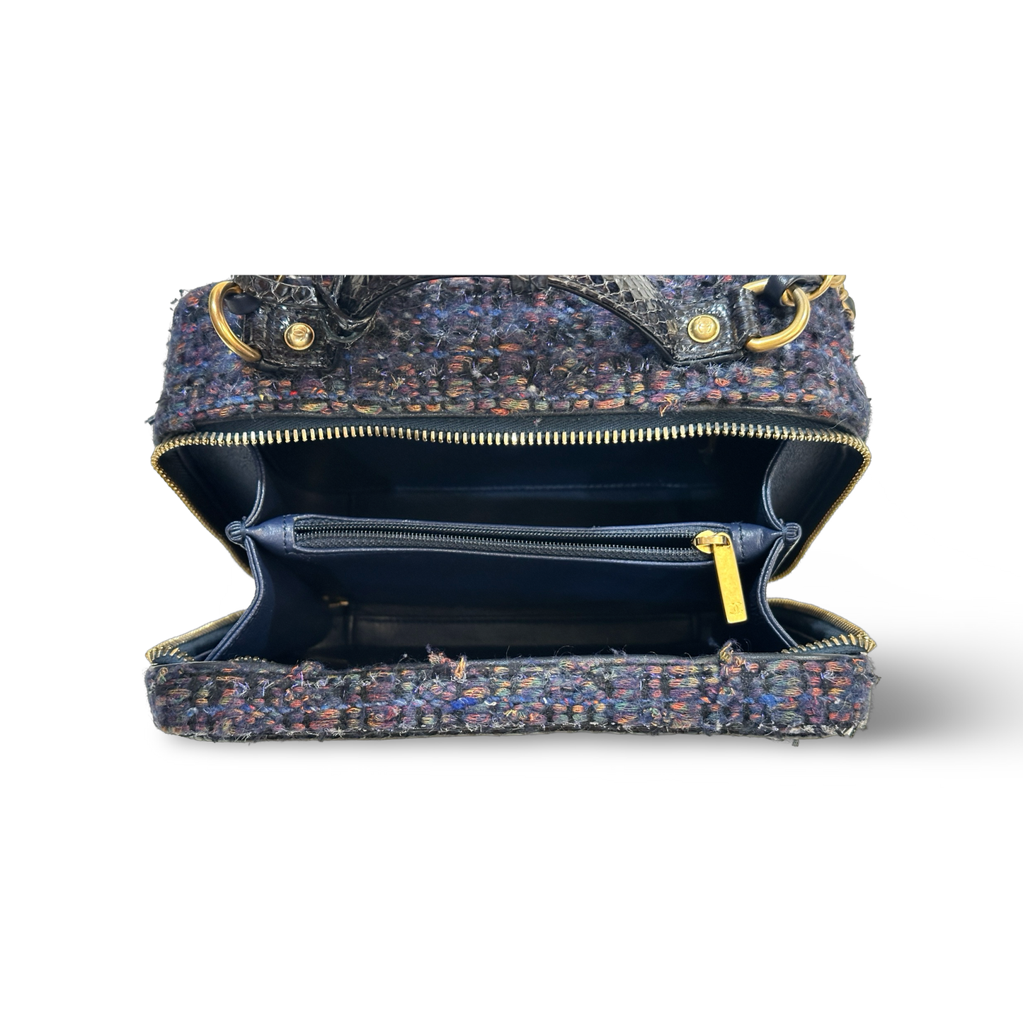 Chanel Classic Sneak Skin Tweed Medium Vanity Case Gold Navy