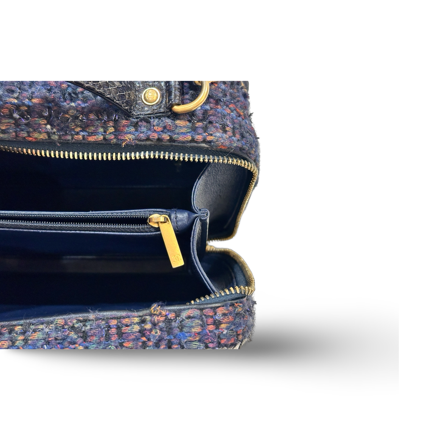 Chanel Classic Sneak Skin Tweed Medium Vanity Case Gold Navy