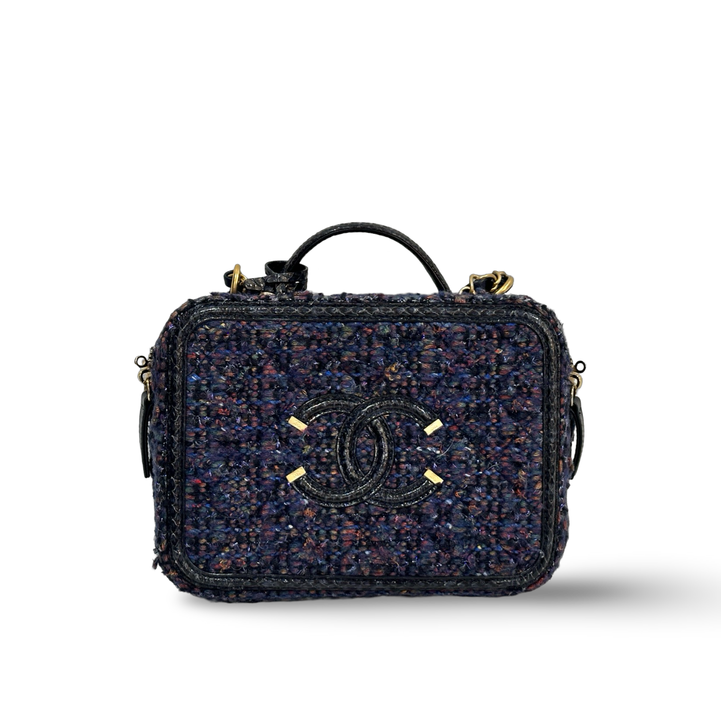 Chanel Classic Sneak Skin Tweed Medium Vanity Case Gold Navy