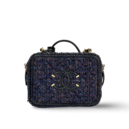 Chanel Classic Sneak Skin Tweed Medium Vanity Case Gold Navy