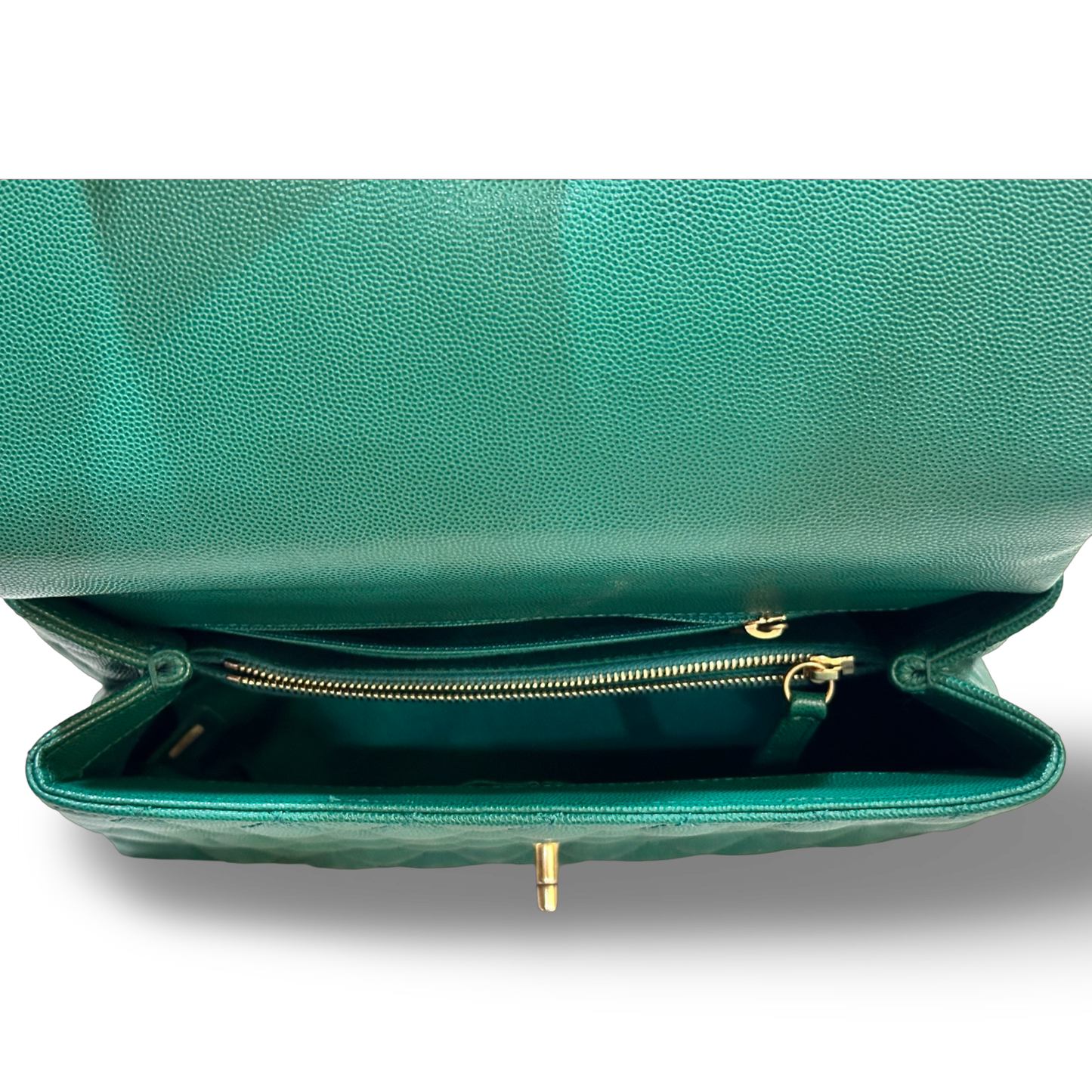 Chanel Classic Caviar Medium Coco Handle Flap Gold Green