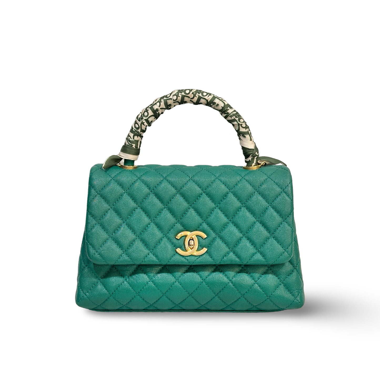 Chanel Classic Caviar Medium Coco Handle Flap Gold Green