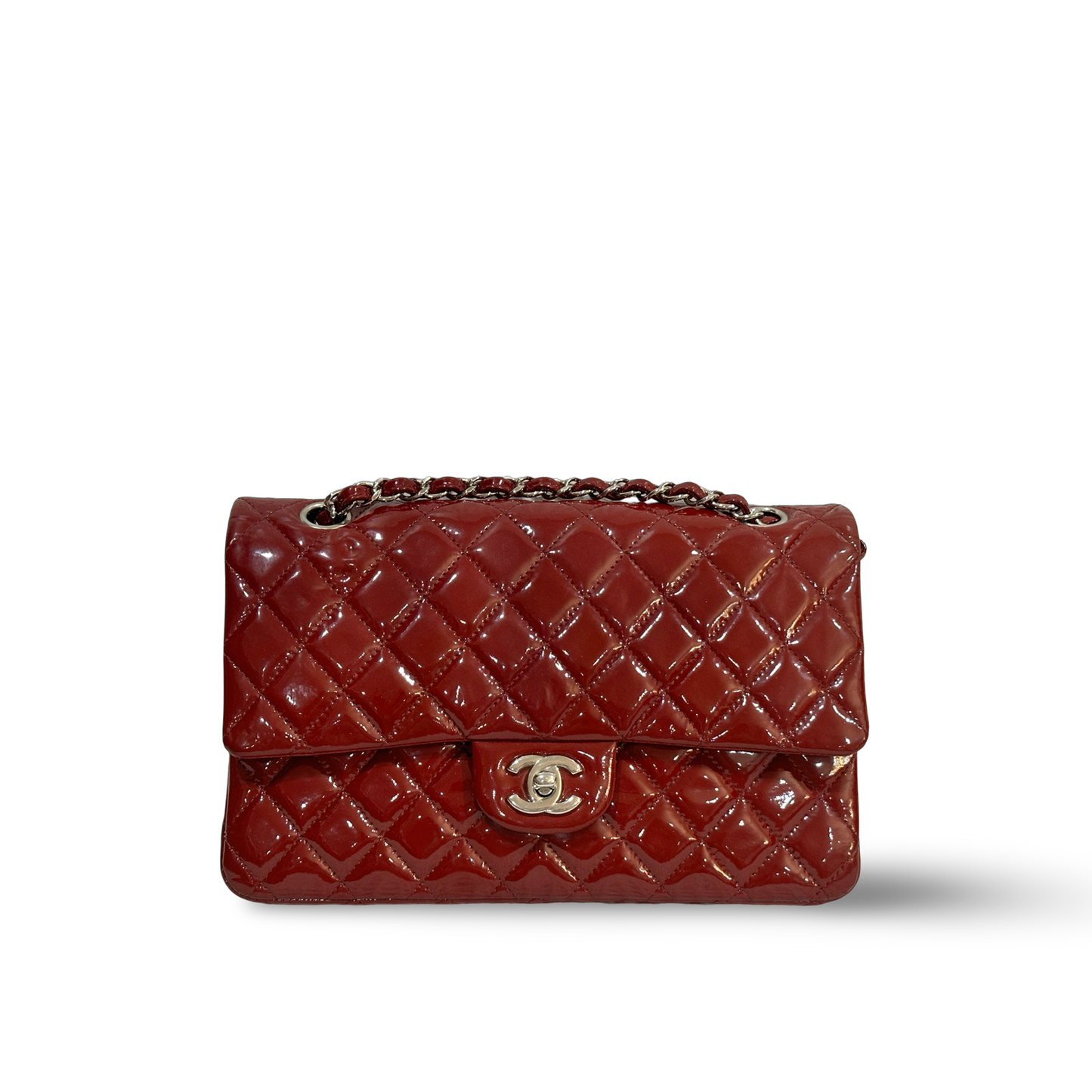 Chanel Classic Patent Medium Double Flap - SHW / Red